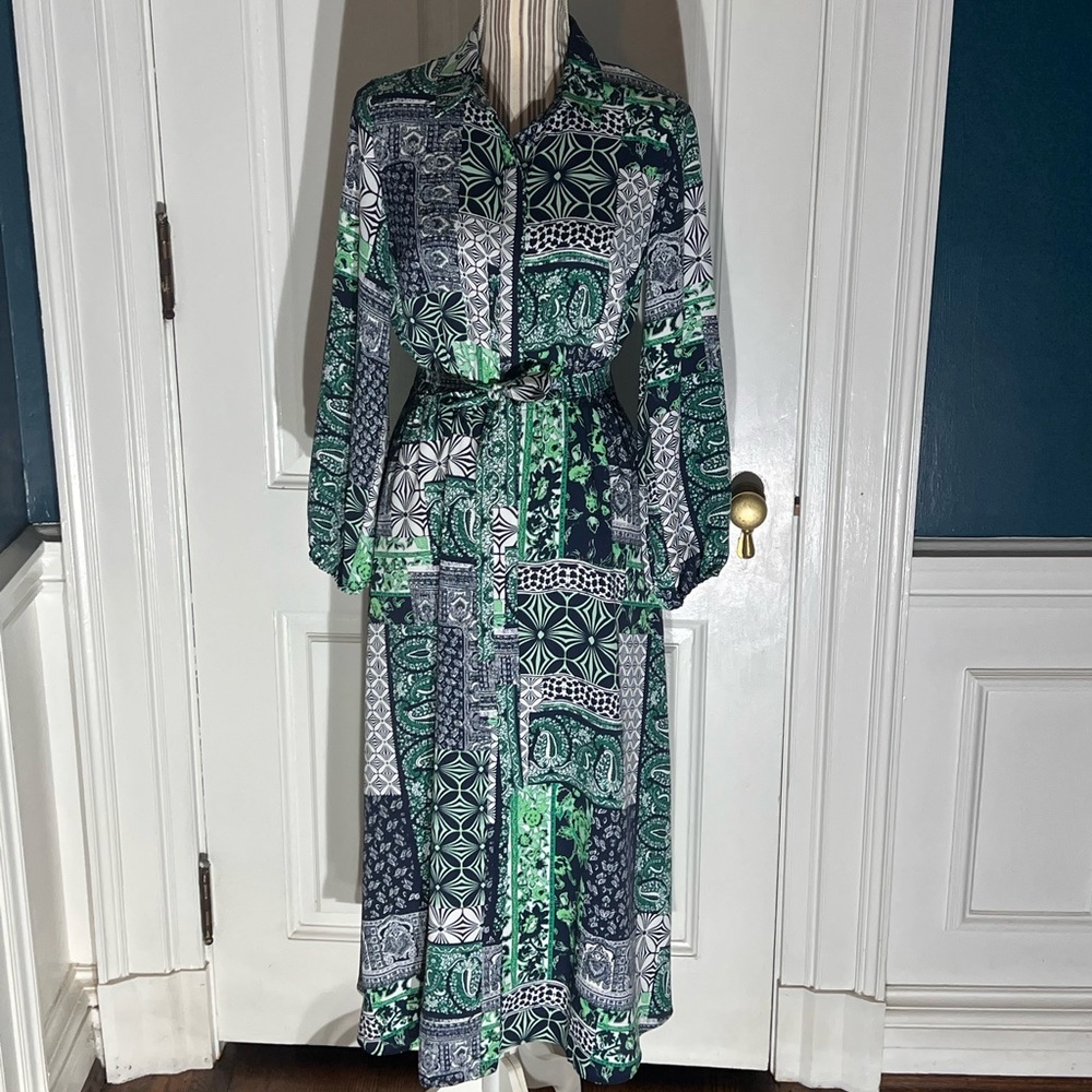 Green patchwork print loft small women’s belted m… - image 1